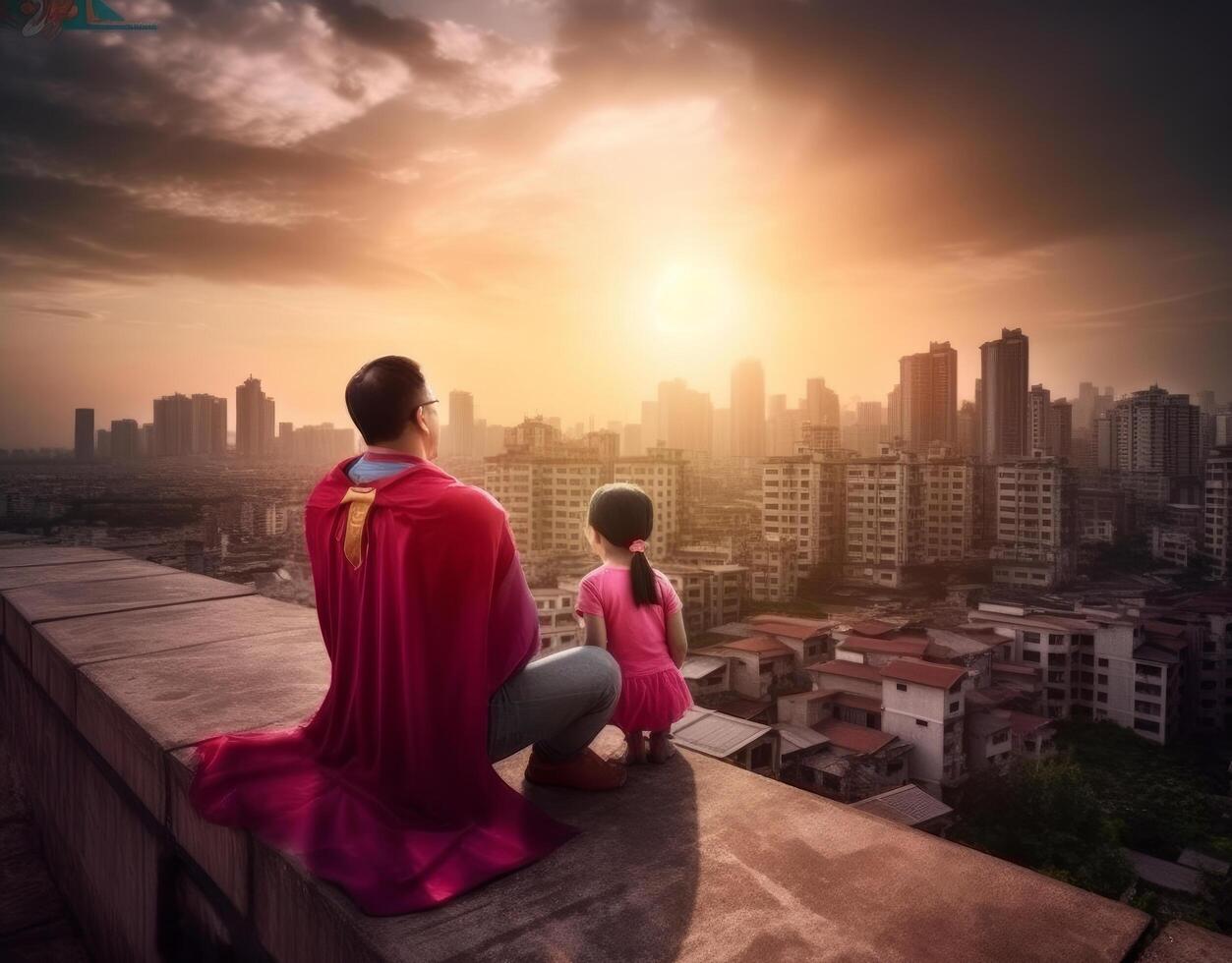 Father's Day Background. Superhero Father with Child. Illustration photo