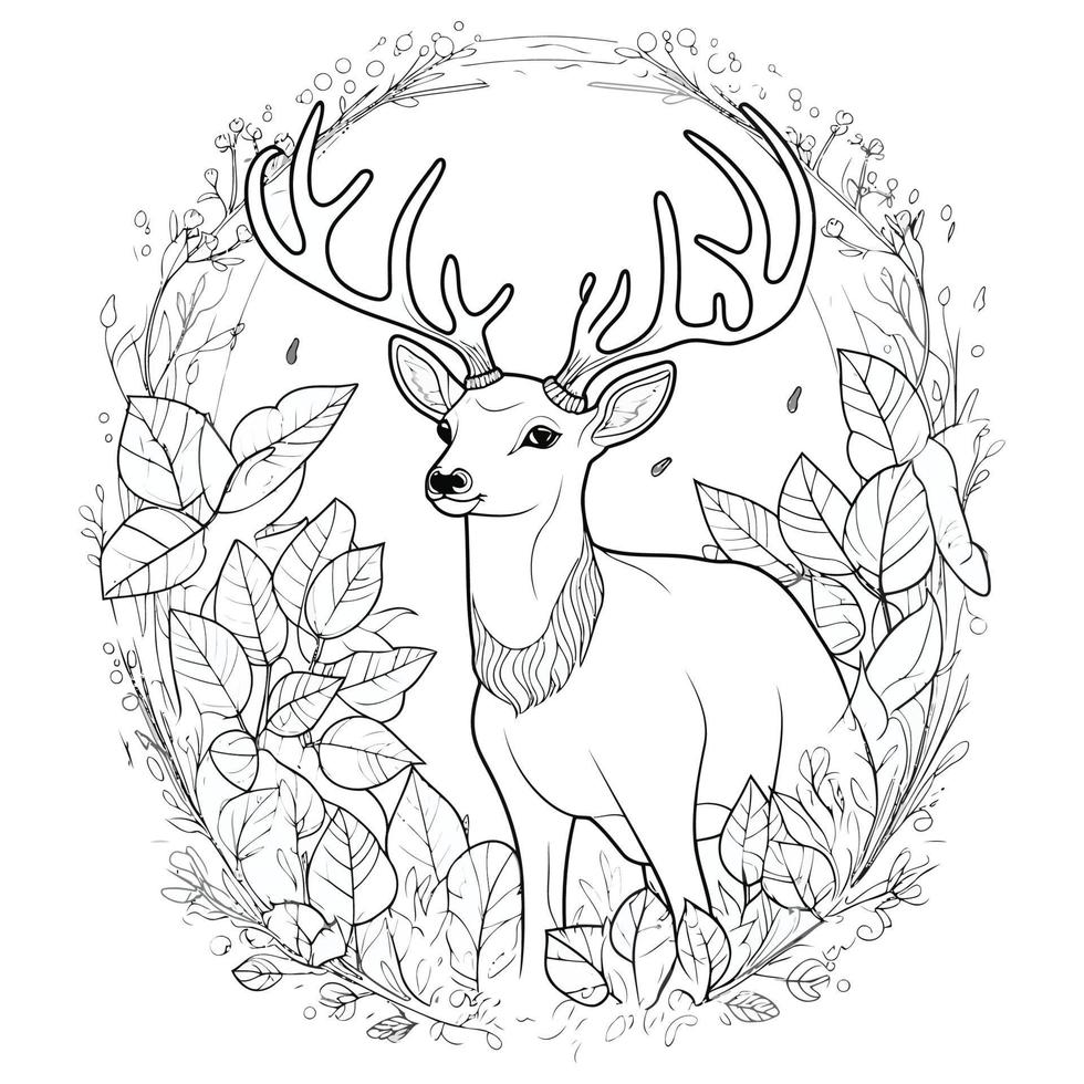 Cute Deer coloring page with floral design vector