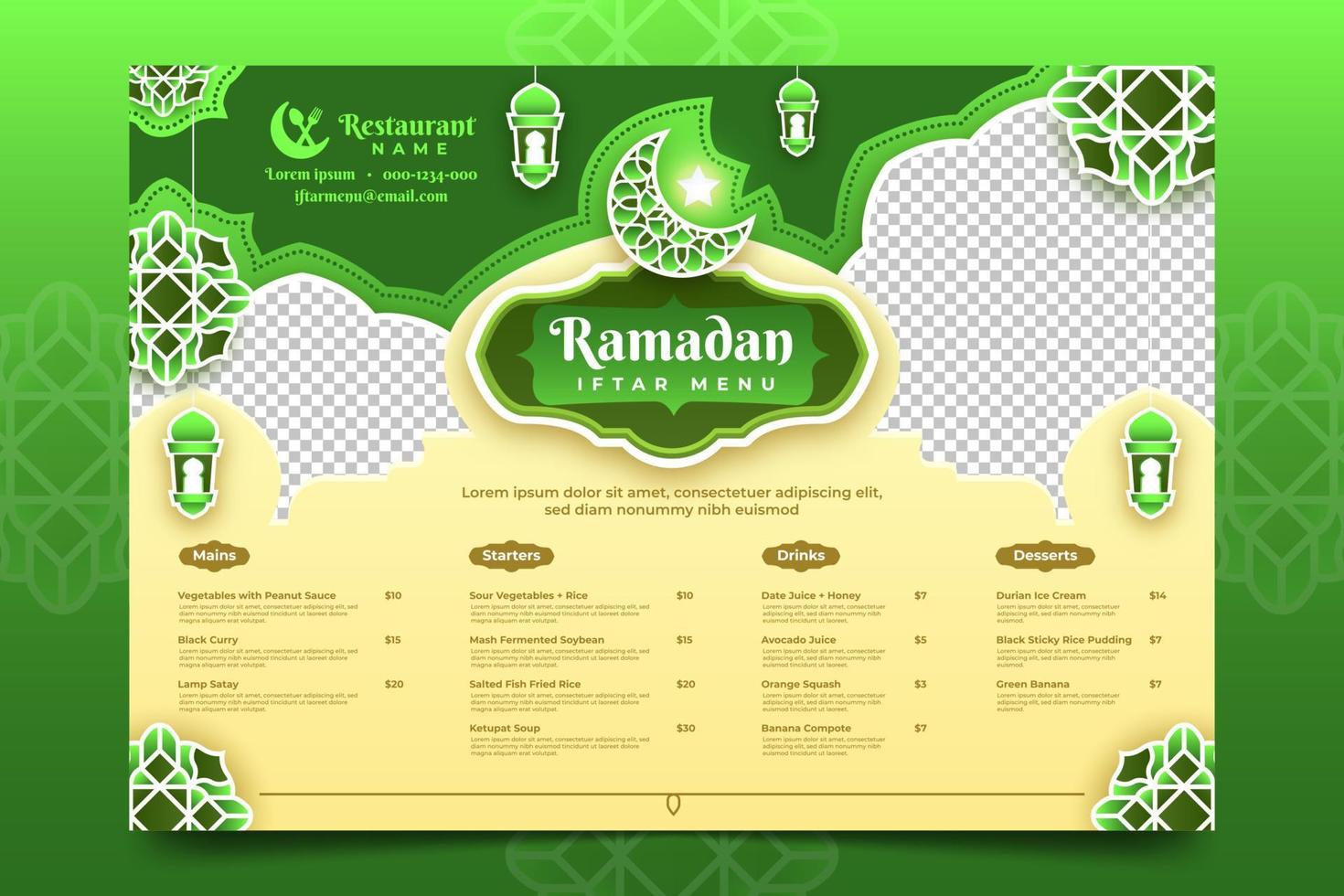 Ramadán iftar menú modelo en paisaje formar vector