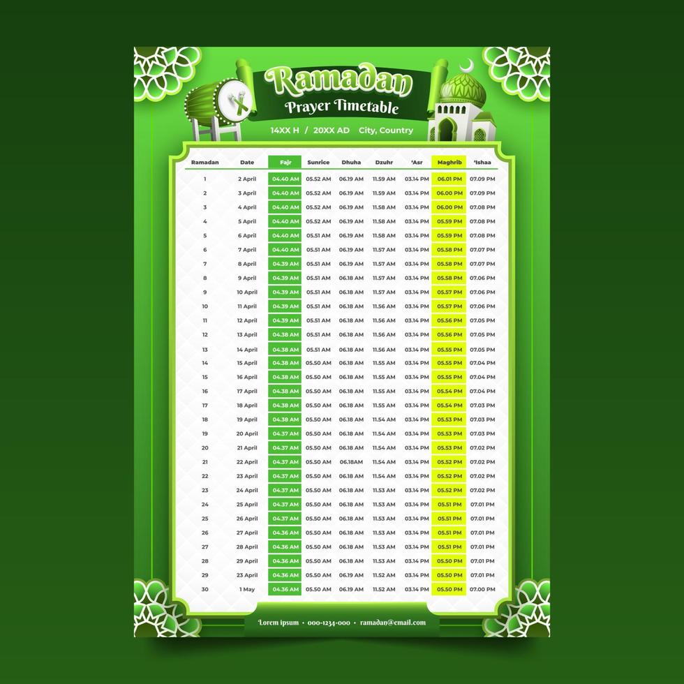 Ramadan Prayer Timetable Template with Green Ornaments vector