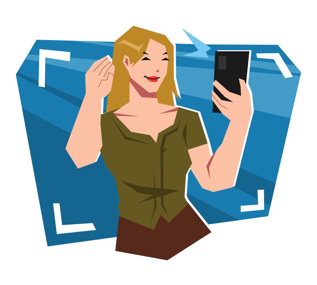 young woman character smiling while taking selfie. holding and using a smartphone camera. the concept of fashion, beauty, photography, technology. cartoon vector illustration.