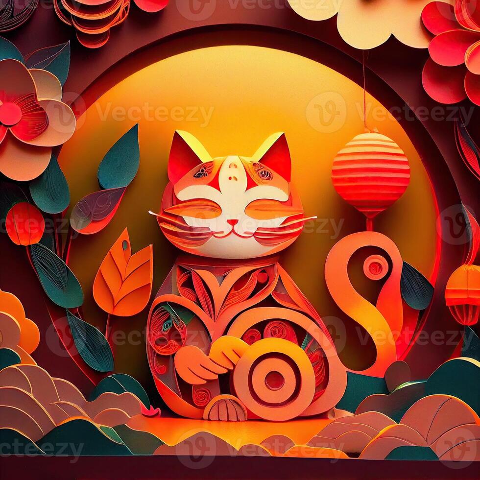 generativo ai ilustración de papel cortar encañonado multi dimensional chino estilo linda zodíaco gatito gato con linternas en fondo, popular color, chino nuevo año concepto. foto