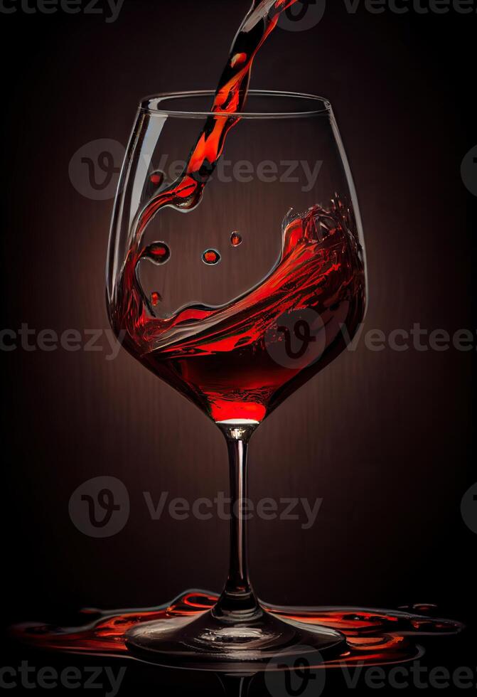 illustration of red wine is being poured from bottle into simple wine glass, on a table with incredible food photo