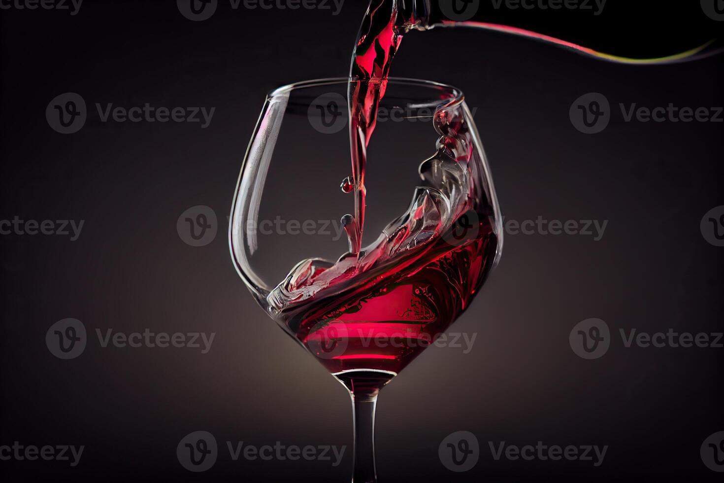 illustration of red wine is being poured from bottle into simple wine glass, on a table with incredible food photo