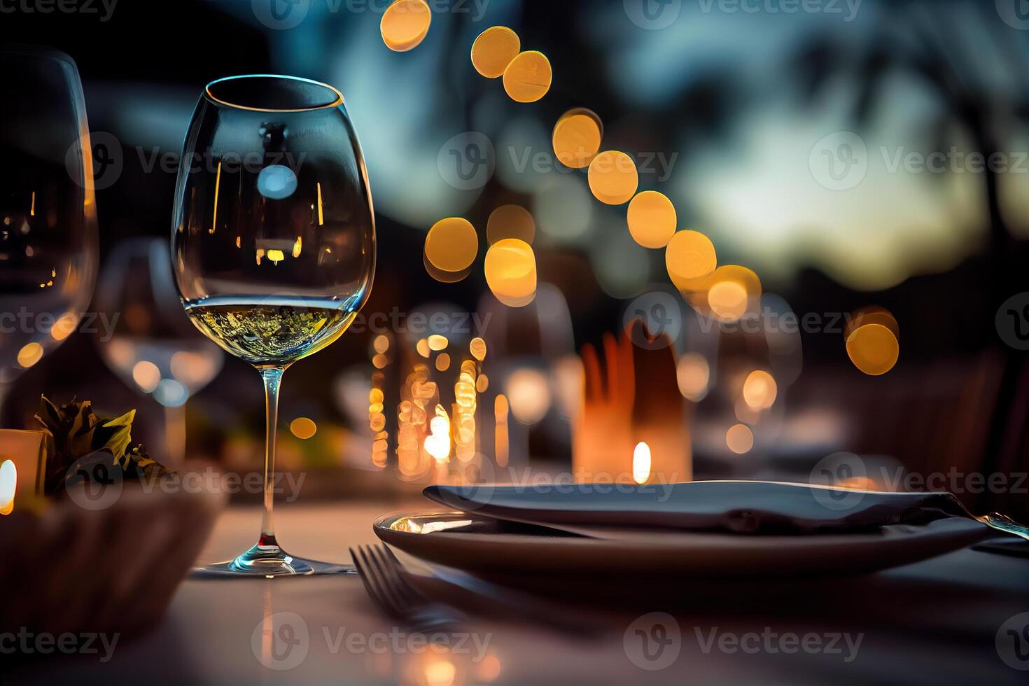 illustration of a restaurant table with a glass of white wine, soft golden light, expensive restaurant with beautiful lights, outdoor and night photo