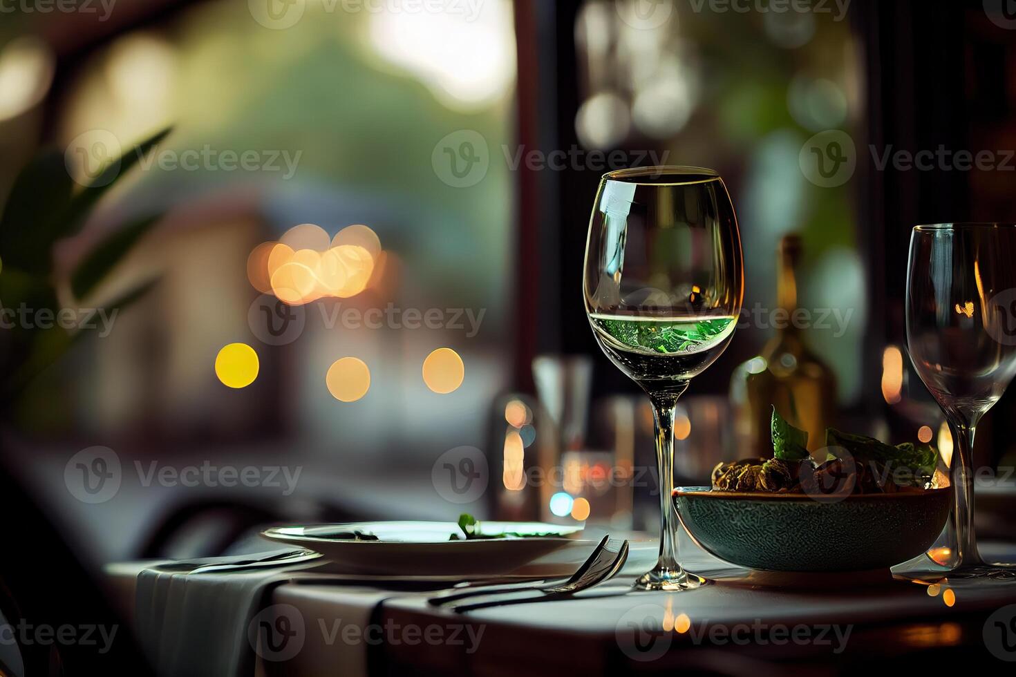 illustration of a restaurant table with a glass of white wine, soft golden light, expensive restaurant with beautiful lights, outdoor and night photo