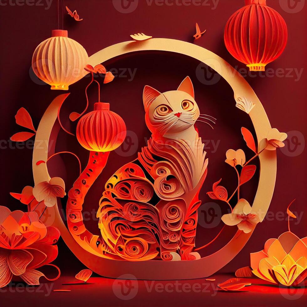 generativo ai ilustración de papel cortar encañonado multi dimensional chino estilo linda zodíaco gatito gato con linternas en fondo, popular color, chino nuevo año concepto. foto