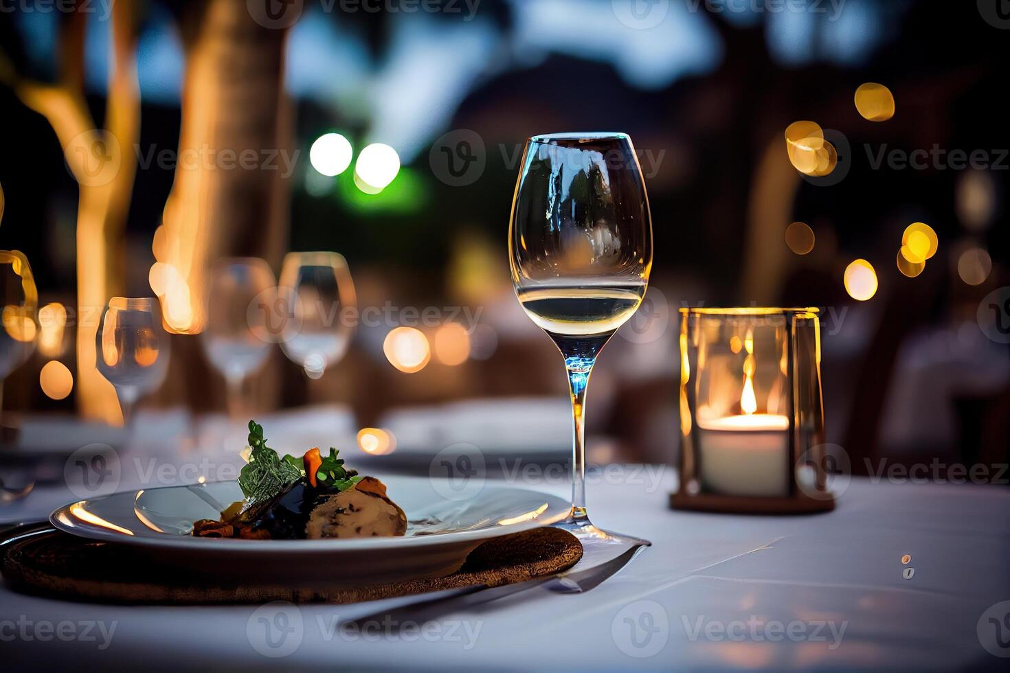 illustration of a restaurant table with a glass of white wine, soft golden light, expensive restaurant with beautiful lights, outdoor and night photo