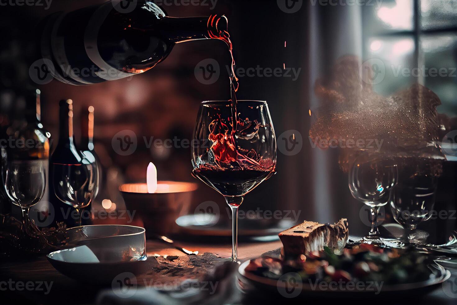 illustration of red wine is being poured from bottle into simple wine glass, on a table with incredible food photo