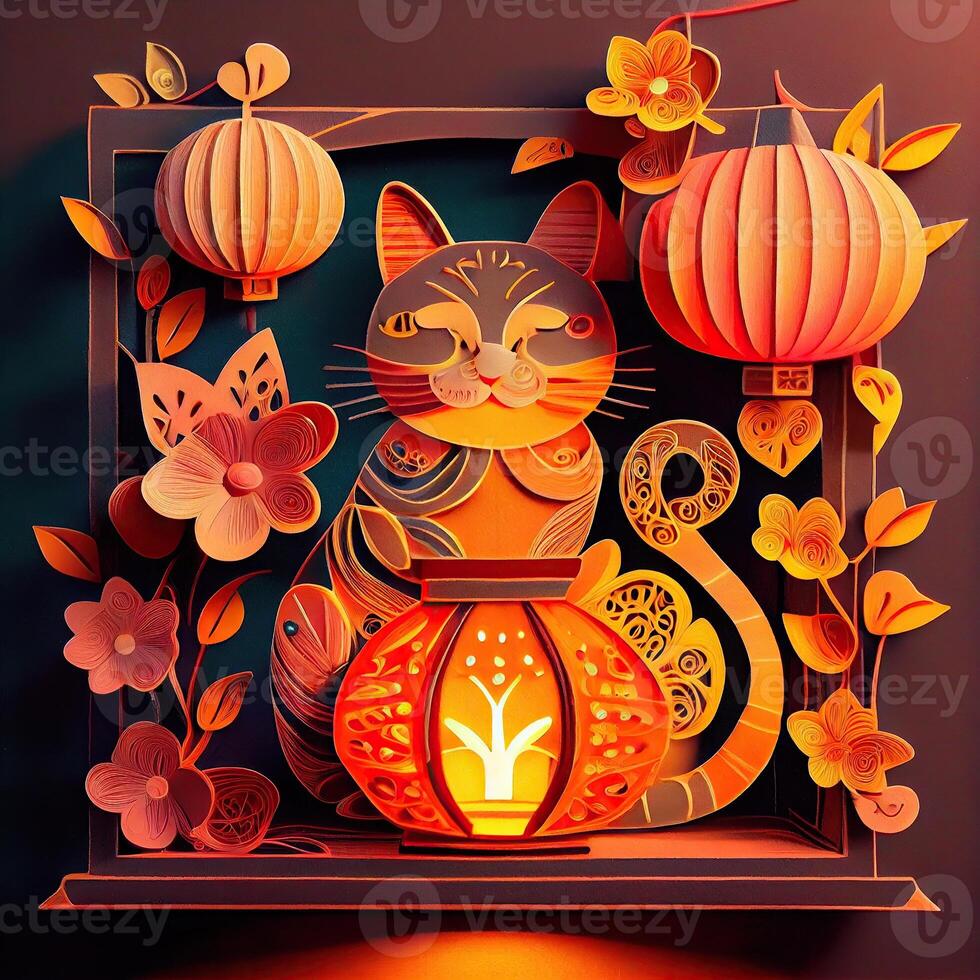 illustration of paper cut quilling multi dimensional chinese style cute zodiac kitty cat with lanterns in background, pop color, chinese new year concept. photo