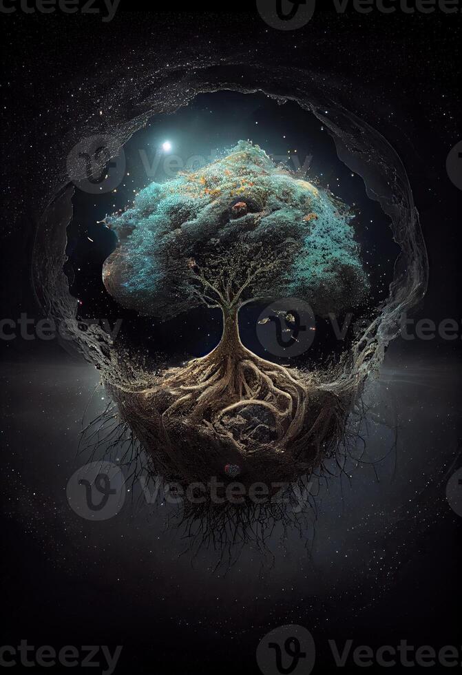 illustration of growth and life, emerging from the cosmos, infinite. Dreamer and mother of nature. photo