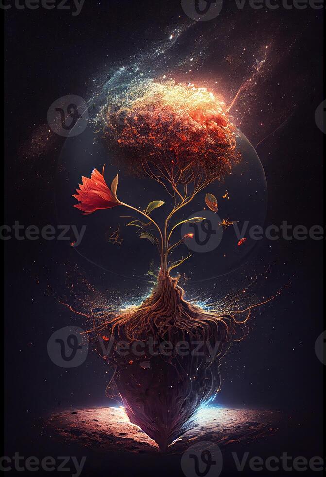 illustration of growth and life, emerging from the cosmos, infinite. Dreamer and mother of nature. photo