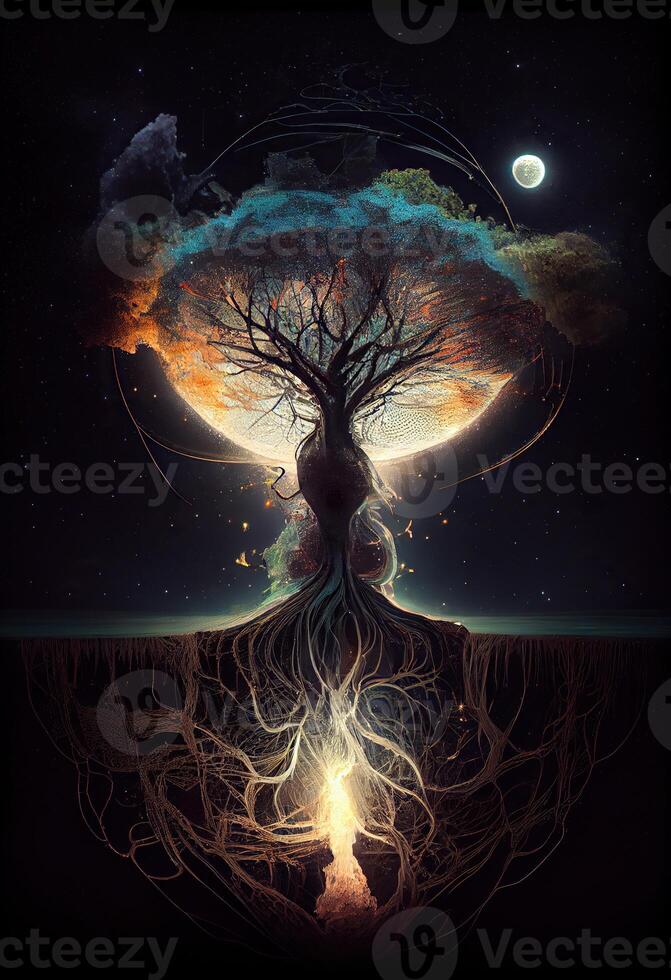 illustration of growth and life, emerging from the cosmos, infinite. Dreamer and mother of nature. photo