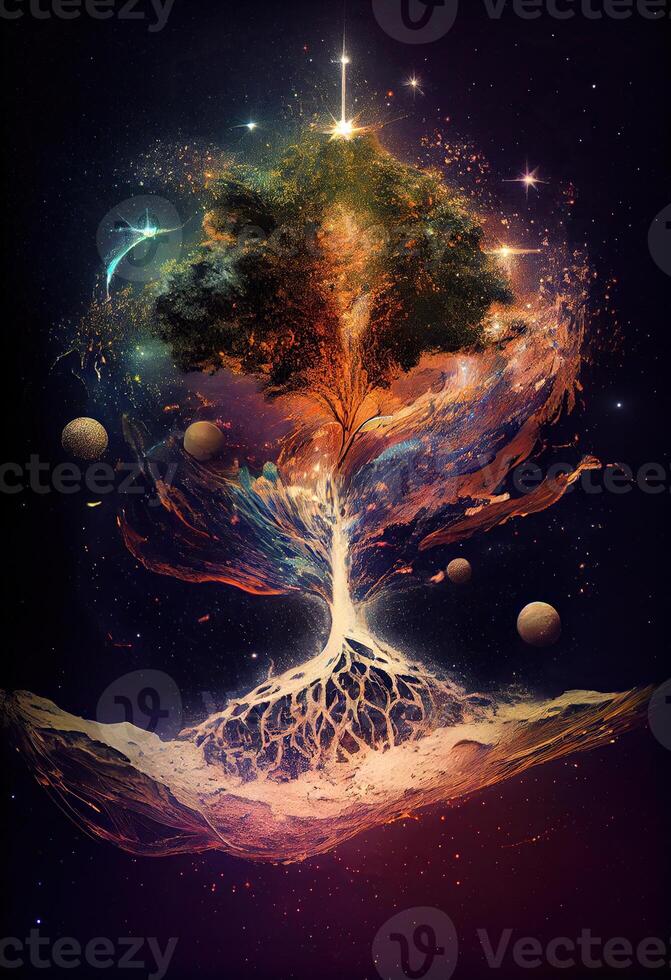 illustration of growth and life, emerging from the cosmos, infinite. Dreamer and mother of nature. photo