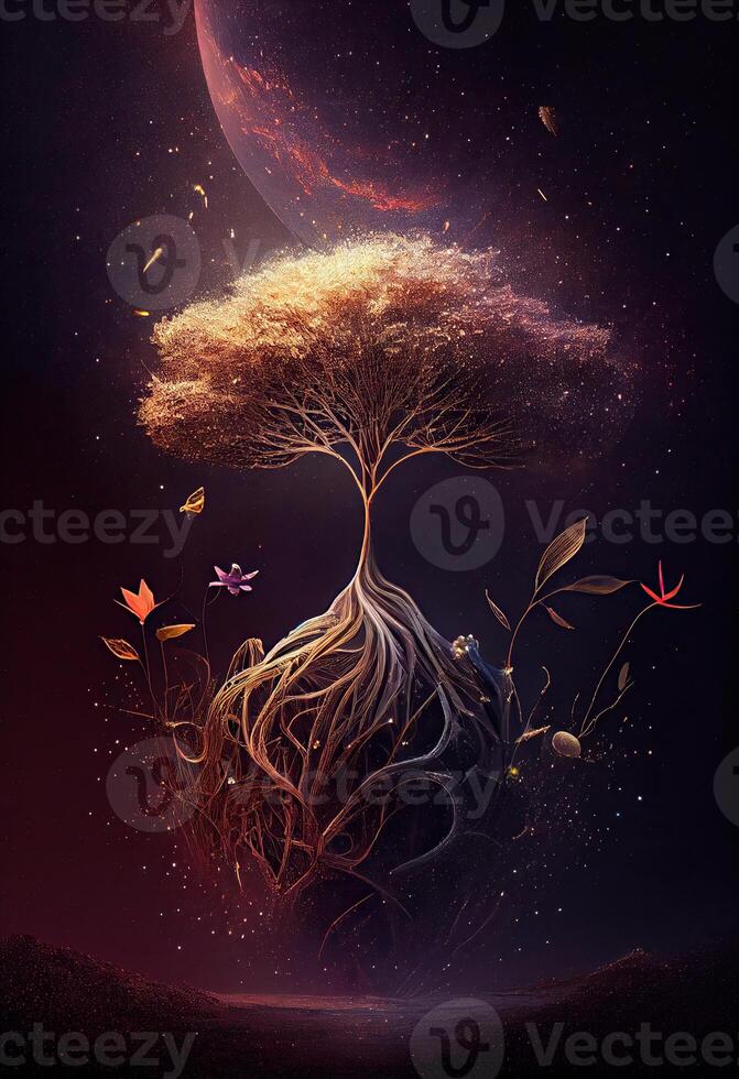 illustration of growth and life, emerging from the cosmos, infinite. Dreamer and mother of nature. photo