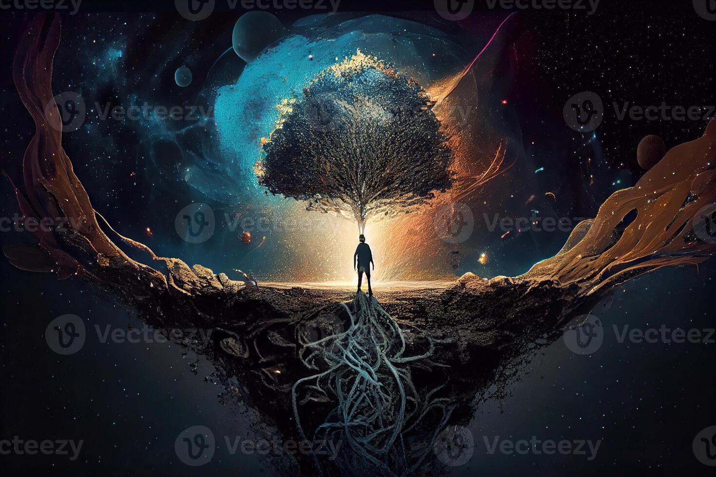 illustration of growth and life, emerging from the cosmos, infinite. Dreamer and mother of nature. photo