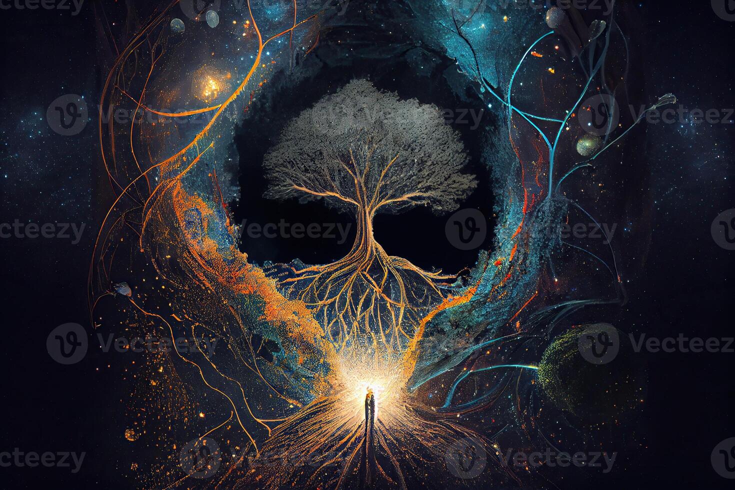 illustration of growth and life, emerging from the cosmos, infinite. Dreamer and mother of nature. photo