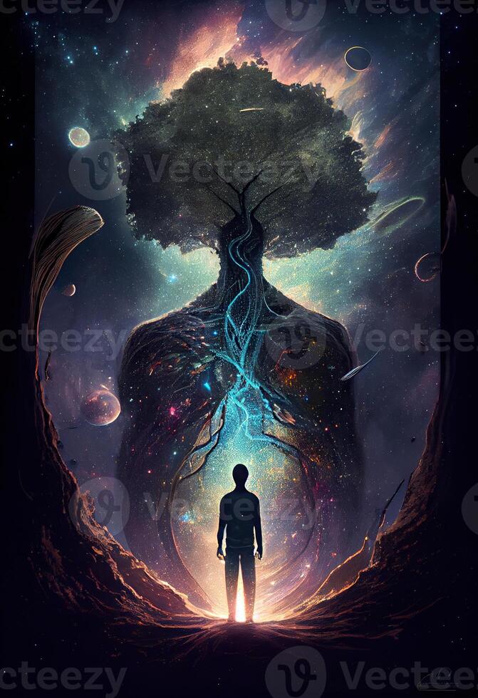 illustration of growth and life, emerging from the cosmos, infinite. Dreamer and mother of nature. photo