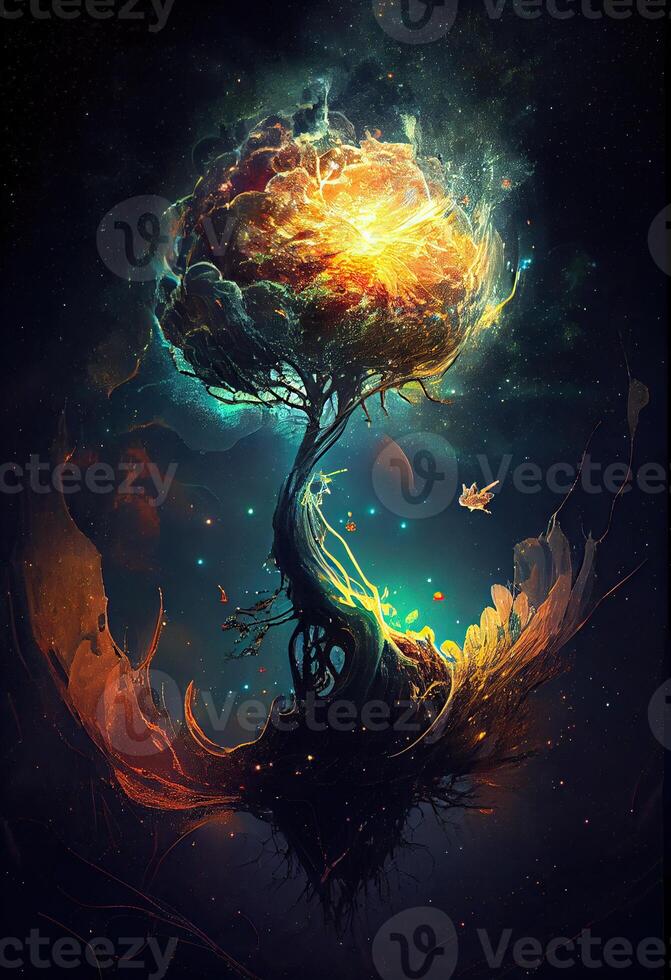 illustration of growth and life, emerging from the cosmos, infinite. Dreamer and mother of nature. photo