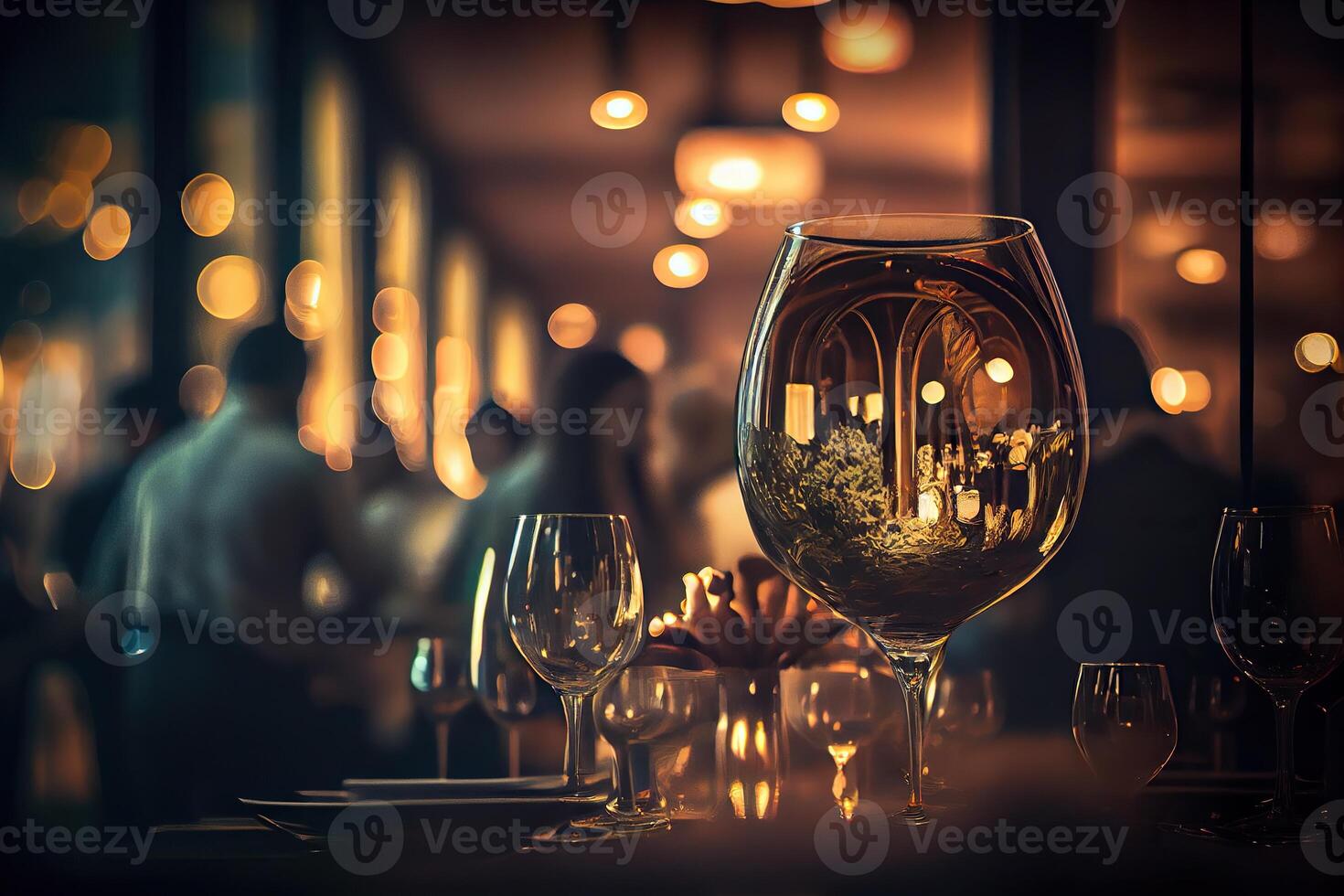 illustration of a restaurant table with a glass of white wine, soft golden light, expensive restaurant with beautiful lights in the background photo