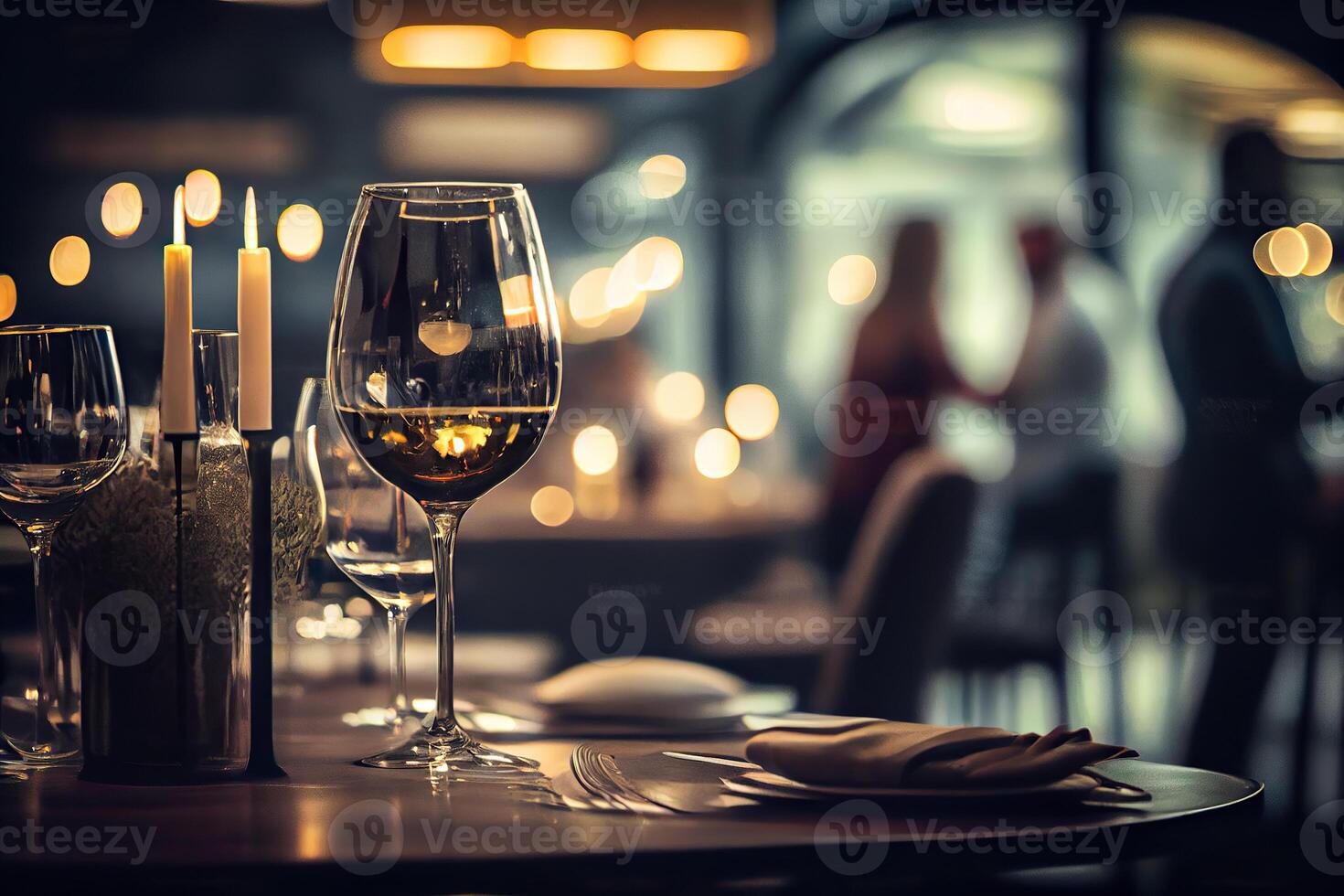 illustration of a restaurant table with a glass of white wine, soft golden light, expensive restaurant with beautiful lights in the background photo