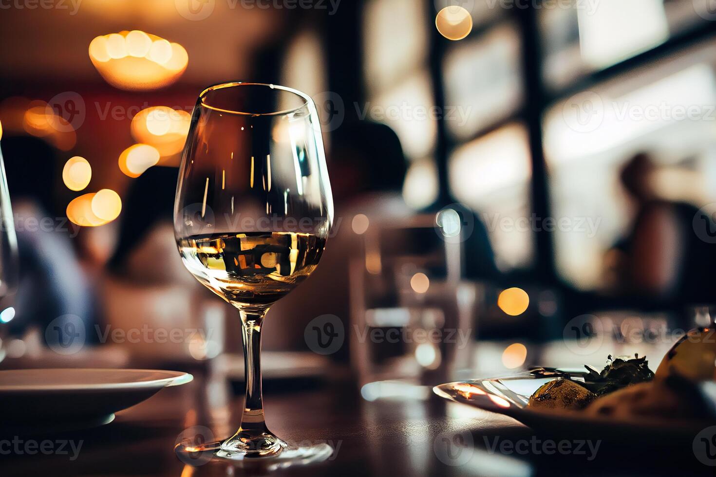 illustration of a restaurant table with a glass of white wine, soft golden light, expensive restaurant with beautiful lights in the background photo