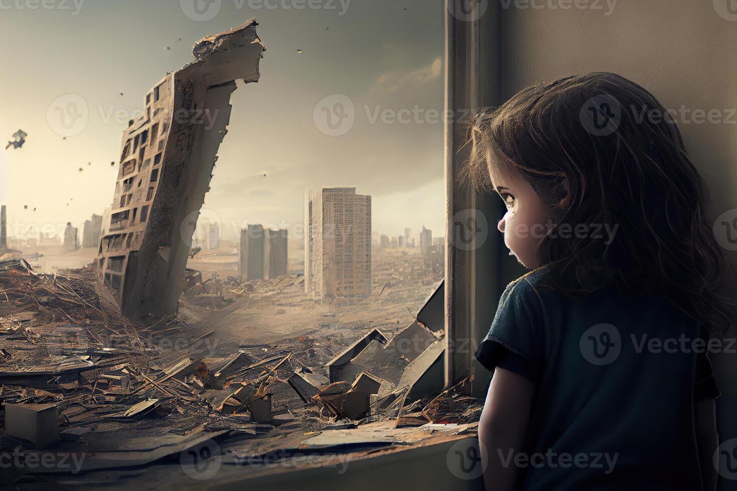 generativo ai ilustración de un triste niño en pie en frente de colapso edificios área, natural desastre o guerra víctima, dolor paisaje idea para apoyo para niños Derecha foto