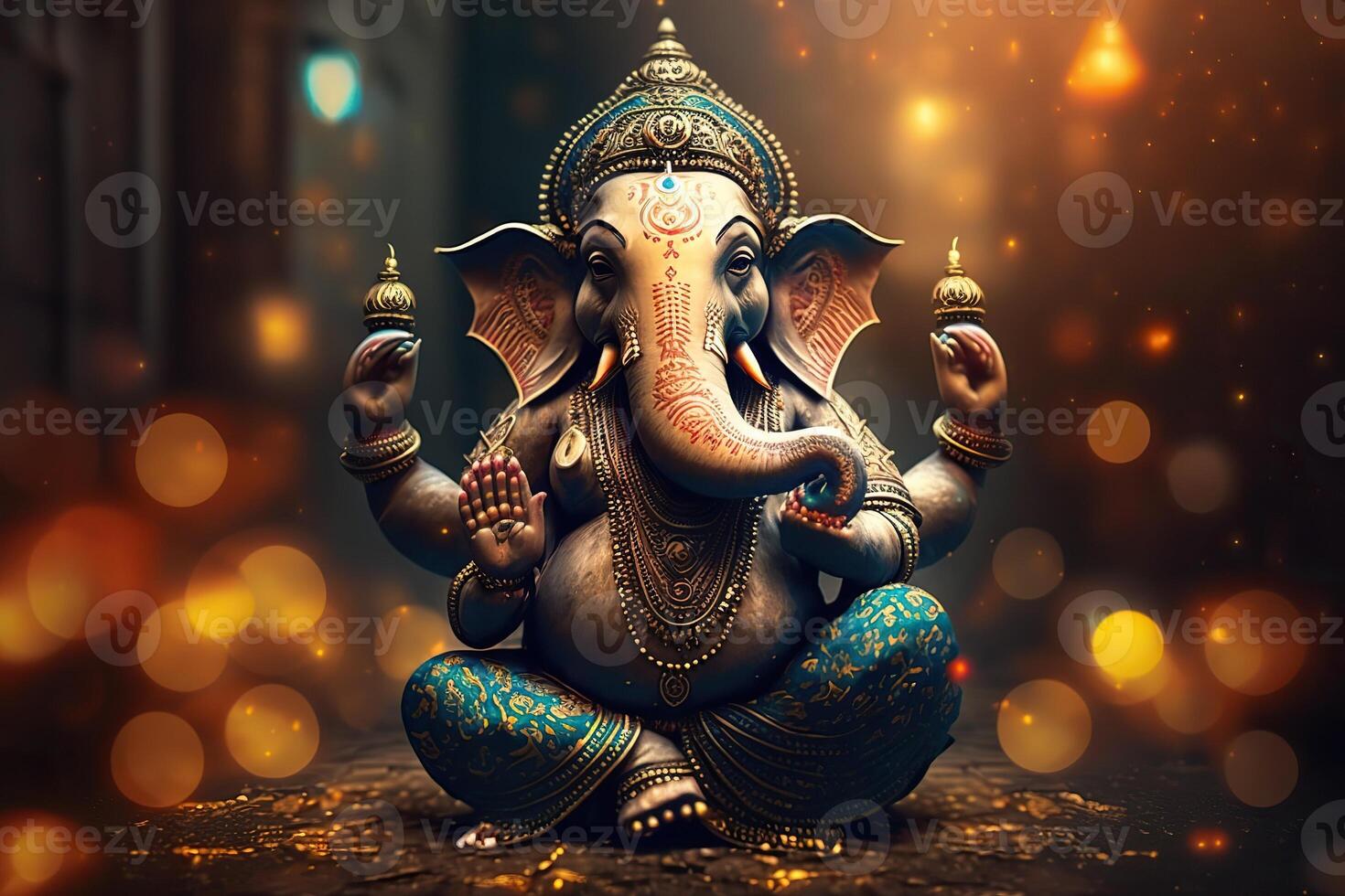 illustration of Ganesha Hindu God , with flowers, oil painting taken up into heaven, sitting in front of bokeh mandala background photo