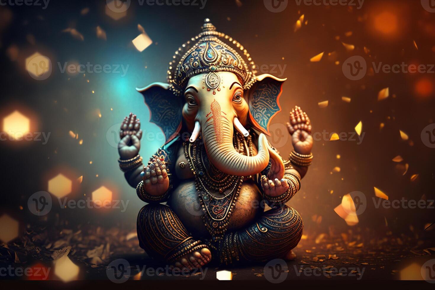 illustration of Ganesha Hindu God , with flowers, oil painting taken up into heaven, sitting in front of bokeh mandala background photo