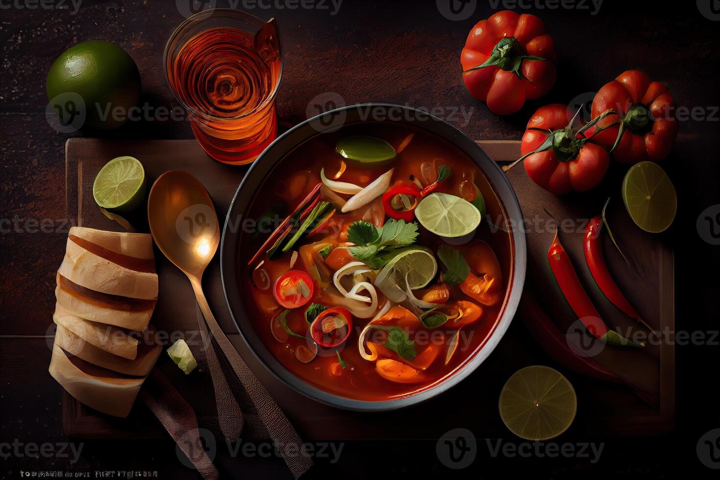 illustration of appetizing bowl of Tom Yum soup, spicy Thai soup with shrimp, seafood, coconut milk and chili pepper in bowl copy space photo