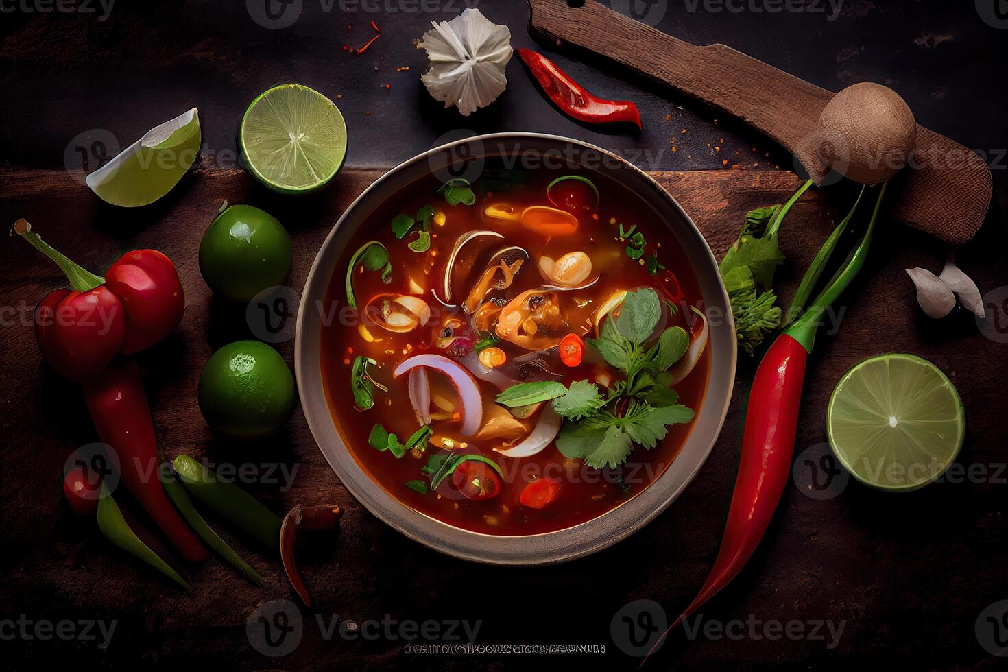 illustration of appetizing bowl of Tom Yum soup, spicy Thai soup with shrimp, seafood, coconut milk and chili pepper in bowl copy space photo