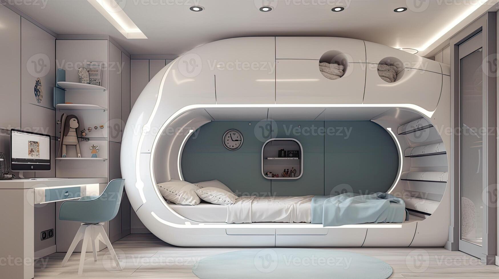 illustration of futuristic interior design, design a bedroom for two children, with a bunk bed. photo