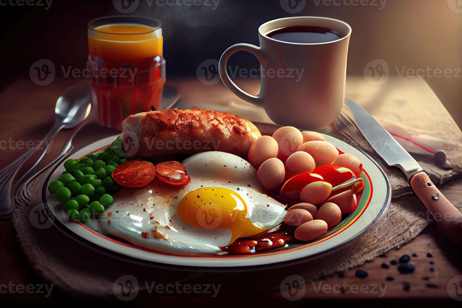 generativo ai ilustración de frito huevos y tocino y picadillo marrones y negro pudín y hongos y tostada... foto