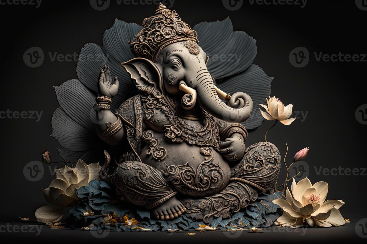 illustration of Ganesha Hindu God , with flowers, oil painting taken up into heaven, sitting in front of bokeh mandala background photo