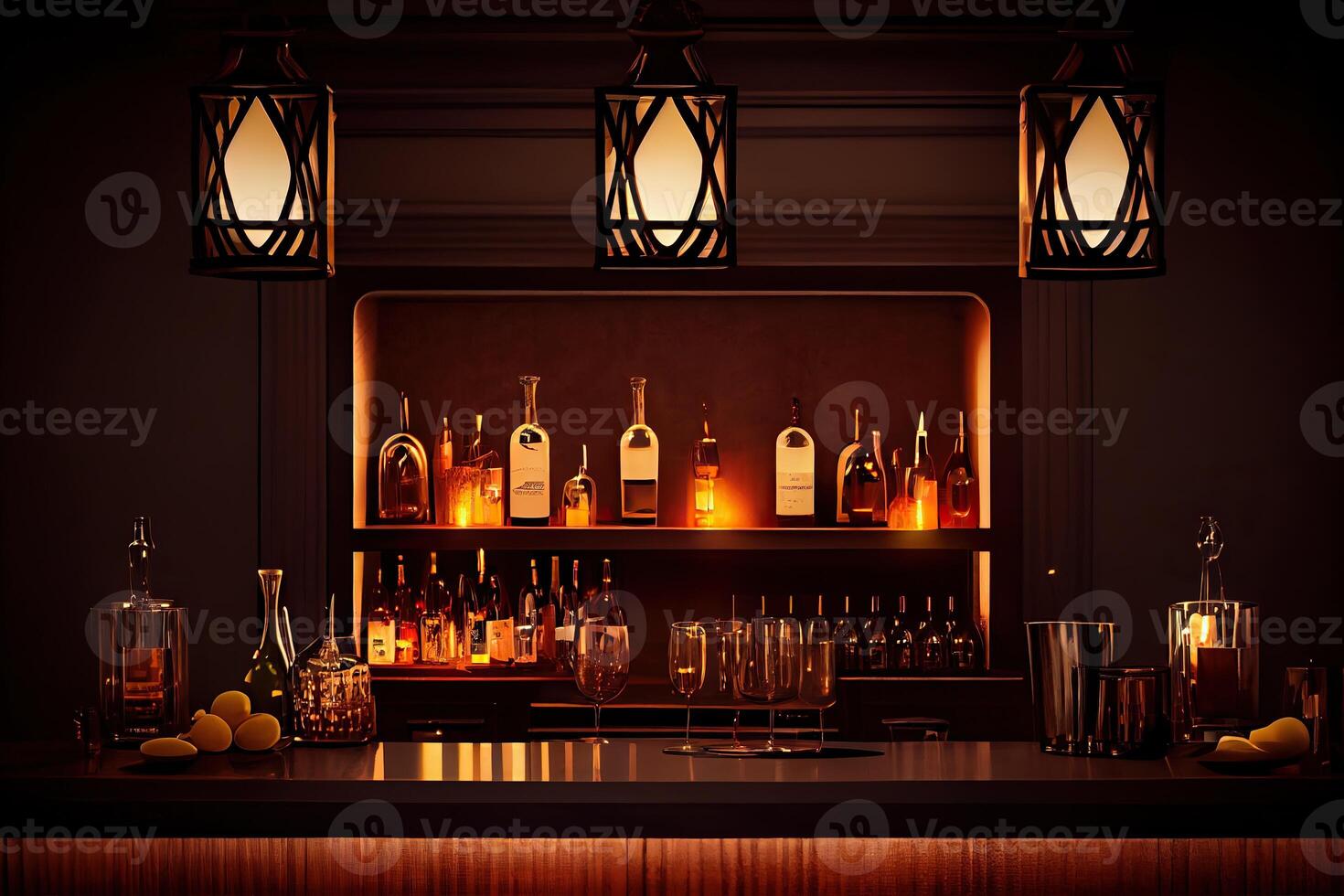 illustration of a lounge bar, that includes elements such as a well-lit bar counter, wine glasses, lit candles and a relaxed and welcoming atmosphere photo