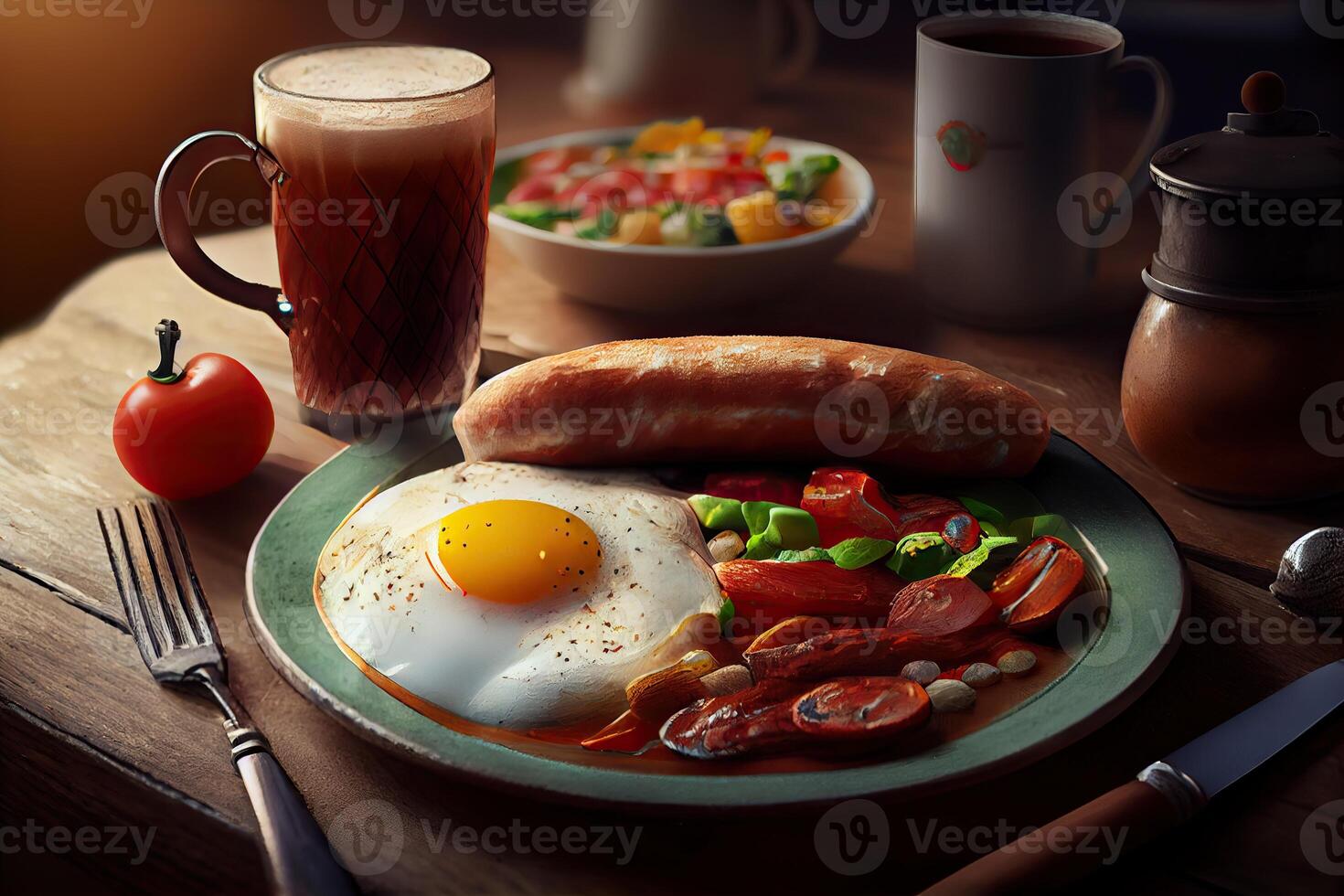 illustration of fried eggs and bacon and hash browns and black pudding and mushrooms and toast... photo