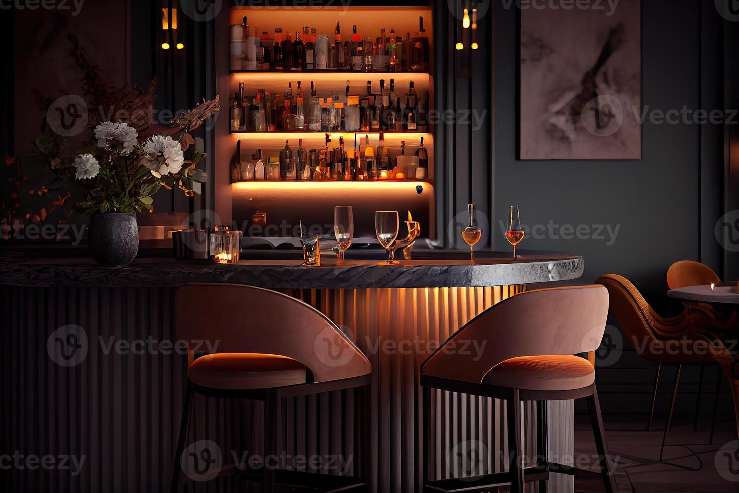 illustration of a lounge bar, that includes elements such as a well-lit bar counter, wine glasses, lit candles and a relaxed and welcoming atmosphere photo