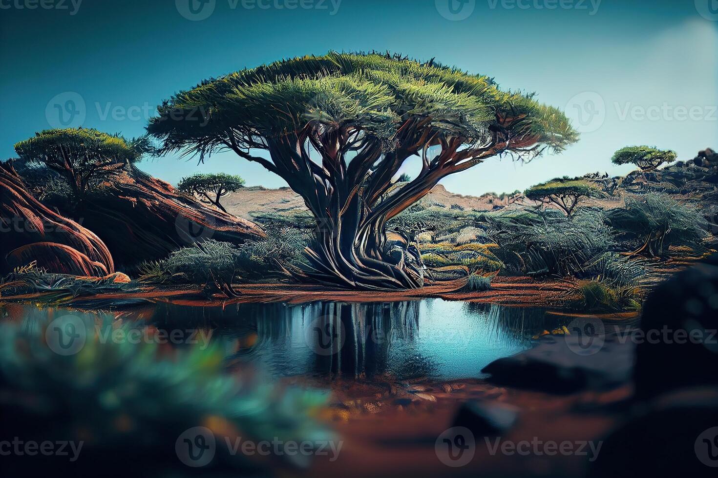 illustration of African nature, water, earth, plants, grass, trees, intense look, beautiful photo