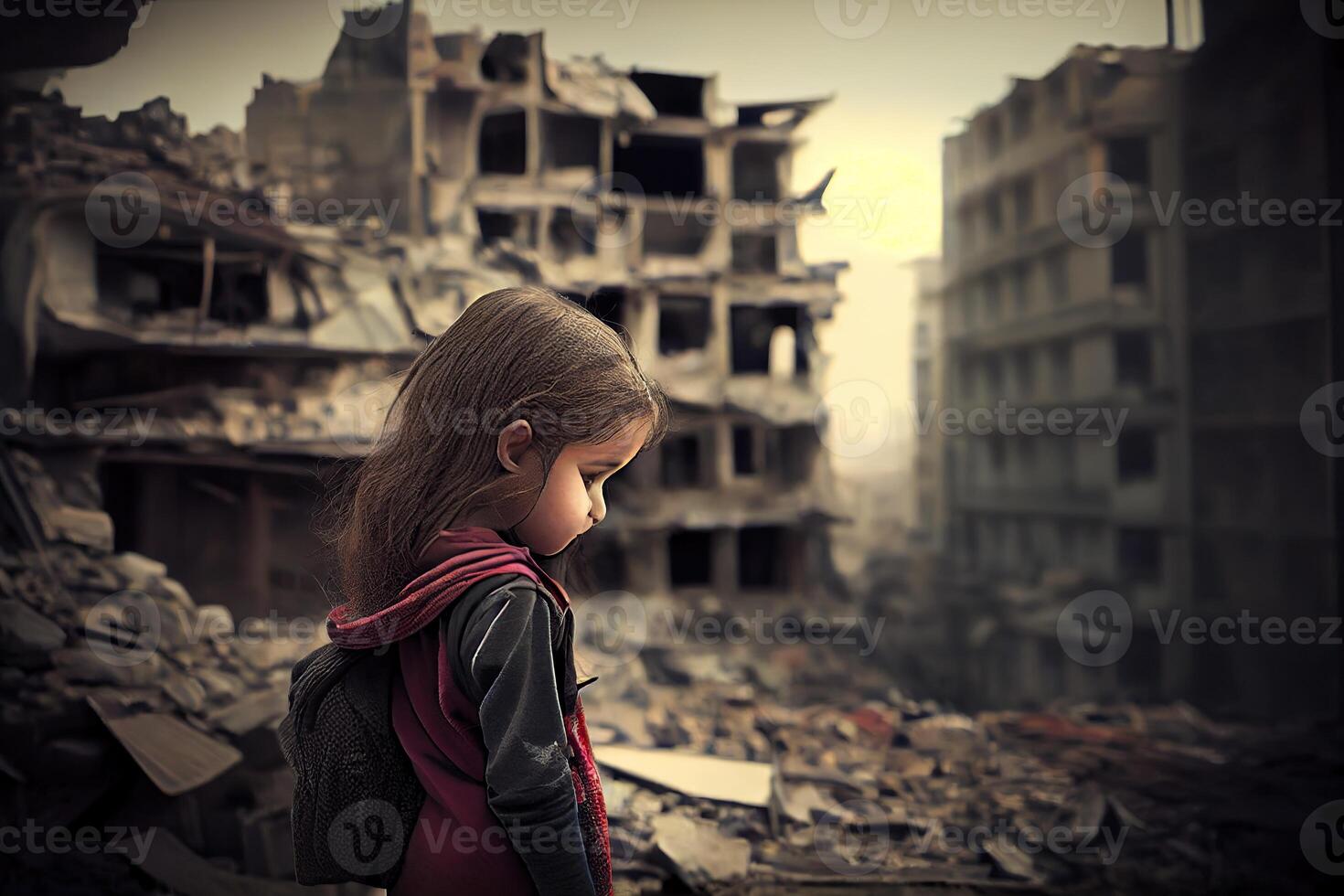 illustration of a sad child standing in front of collapse buildings area, natural disaster or war victim, sorrow scenery idea for support children's right photo