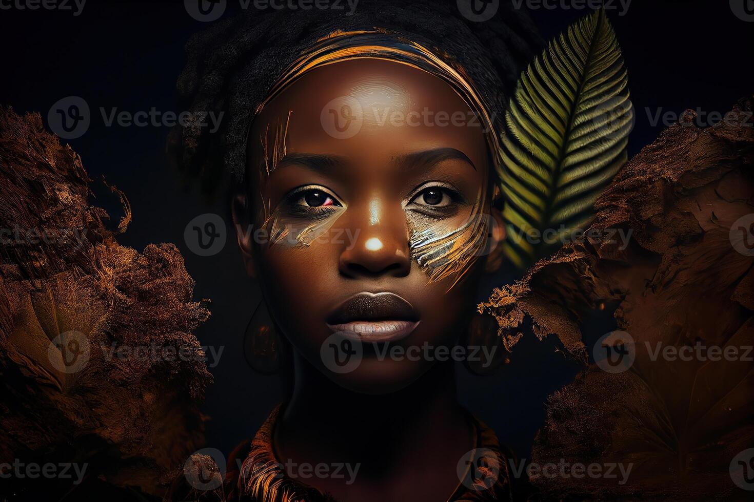 illustration of African nature, water, earth, plants, grass, trees, intense look, beautiful photo