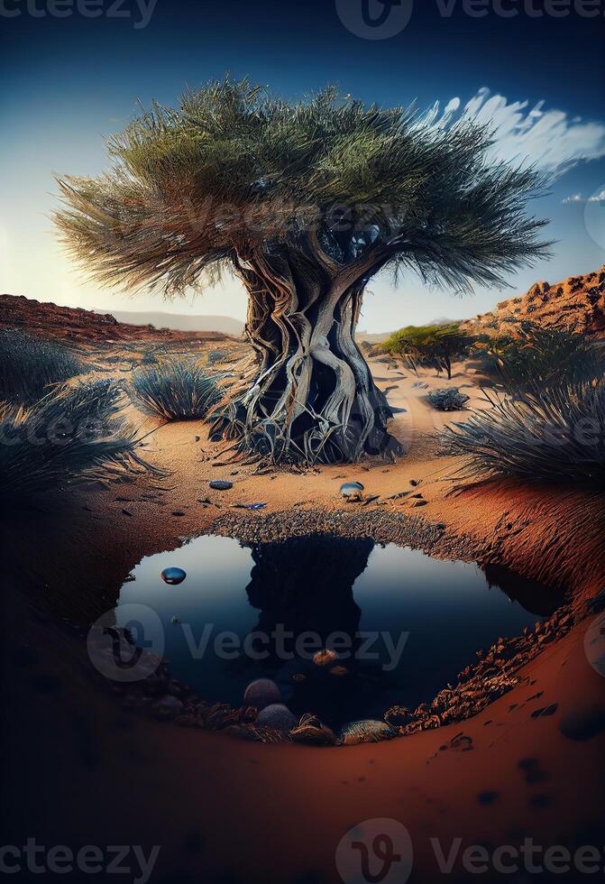 illustration of African nature, water, earth, plants, grass, trees, intense look, beautiful photo