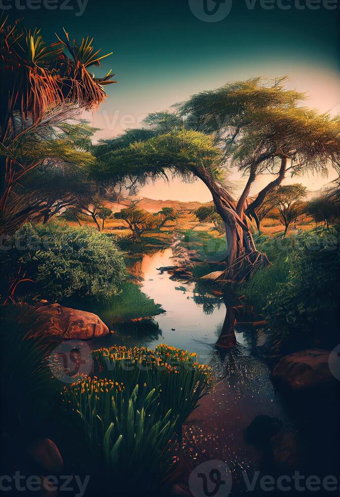 illustration of African nature, water, earth, plants, grass, trees, intense look, beautiful photo