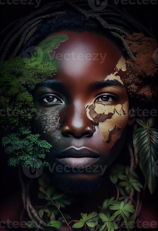 illustration of African nature, water, earth, plants, grass, trees, intense look, beautiful photo