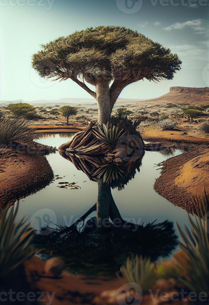 illustration of African nature, water, earth, plants, grass, trees, intense look, beautiful photo