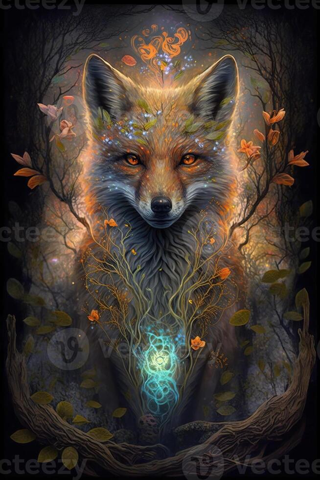 illustration of ancient magical molten fox spirit in a mystical arcane forest, cute and symmetric design, smooth, stunningly beautiful, shimmering, iridescent, bio luminescent flowers photo