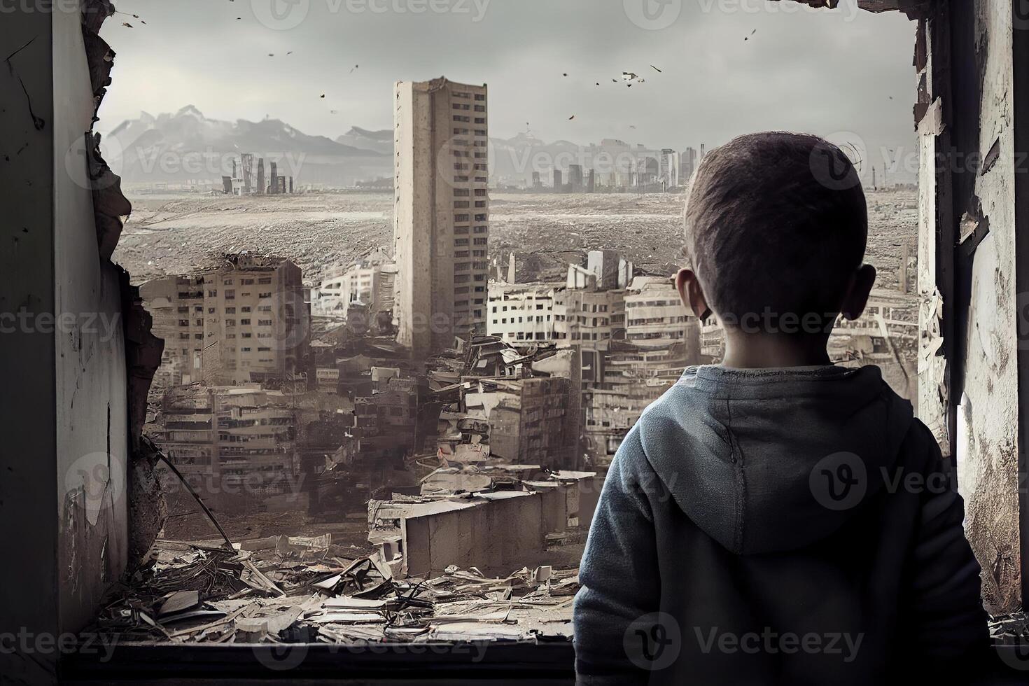 illustration of a sad child standing in front of collapse buildings area, natural disaster or war victim, sorrow scenery idea for support children's right photo