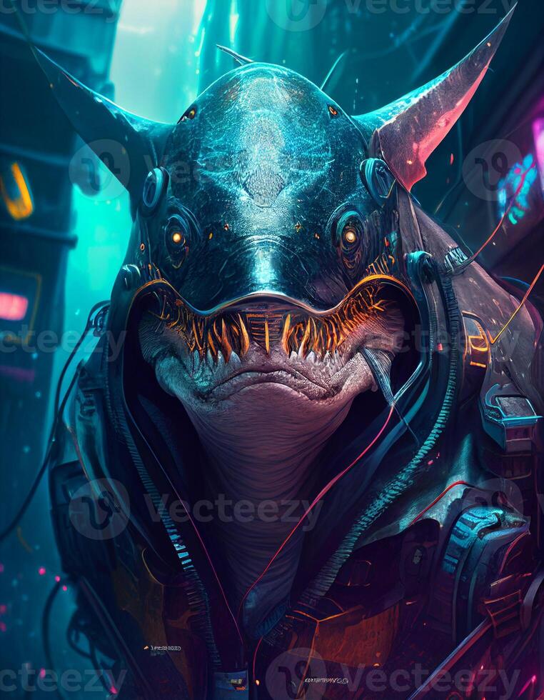 Cyberpunk shark realistic illustration created with ai tools photo