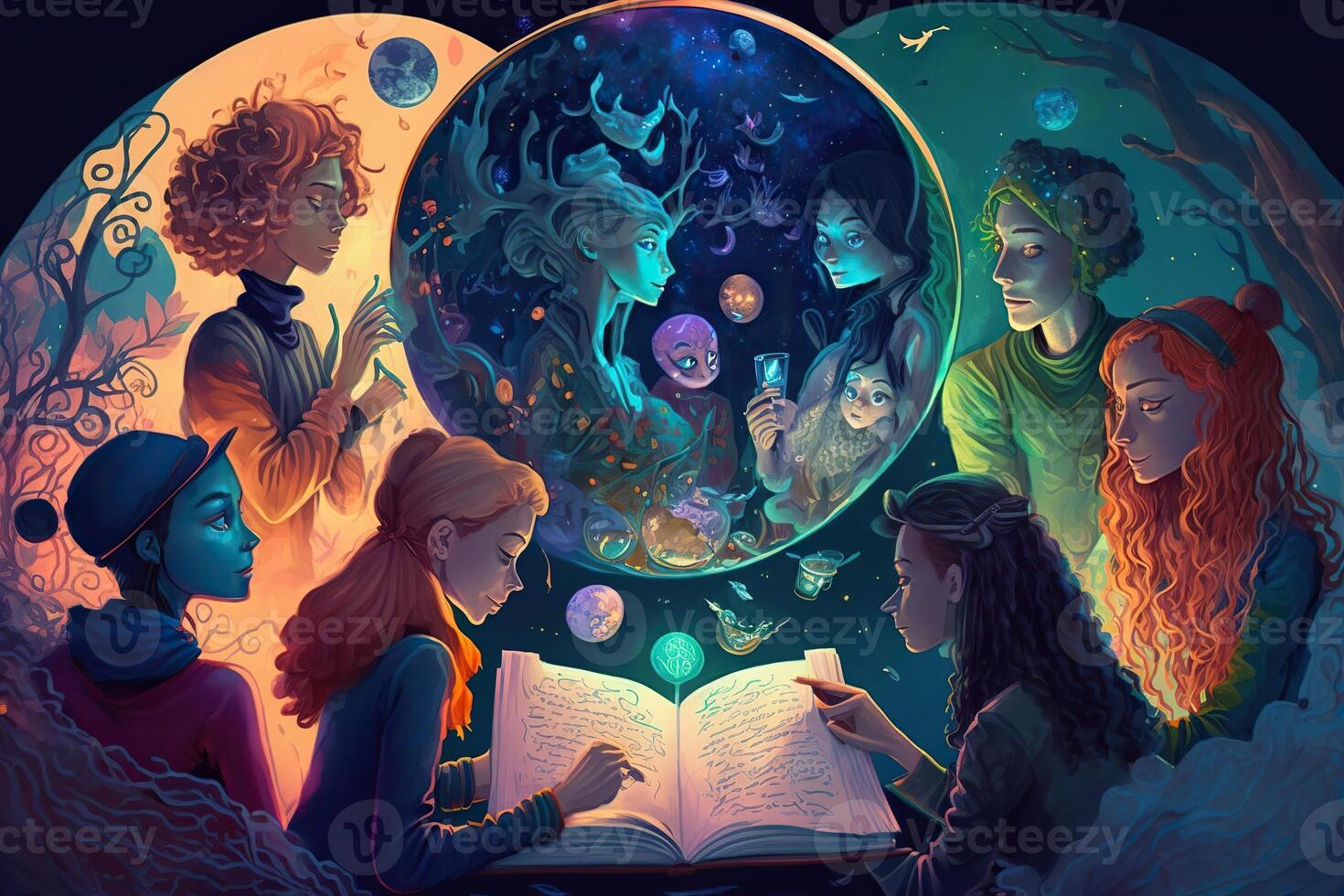 illustration of a multiverse of speech, a fantasy world where everyone can talk, colorful, diverse avatars interacting with each other, human rights and women's rights photo