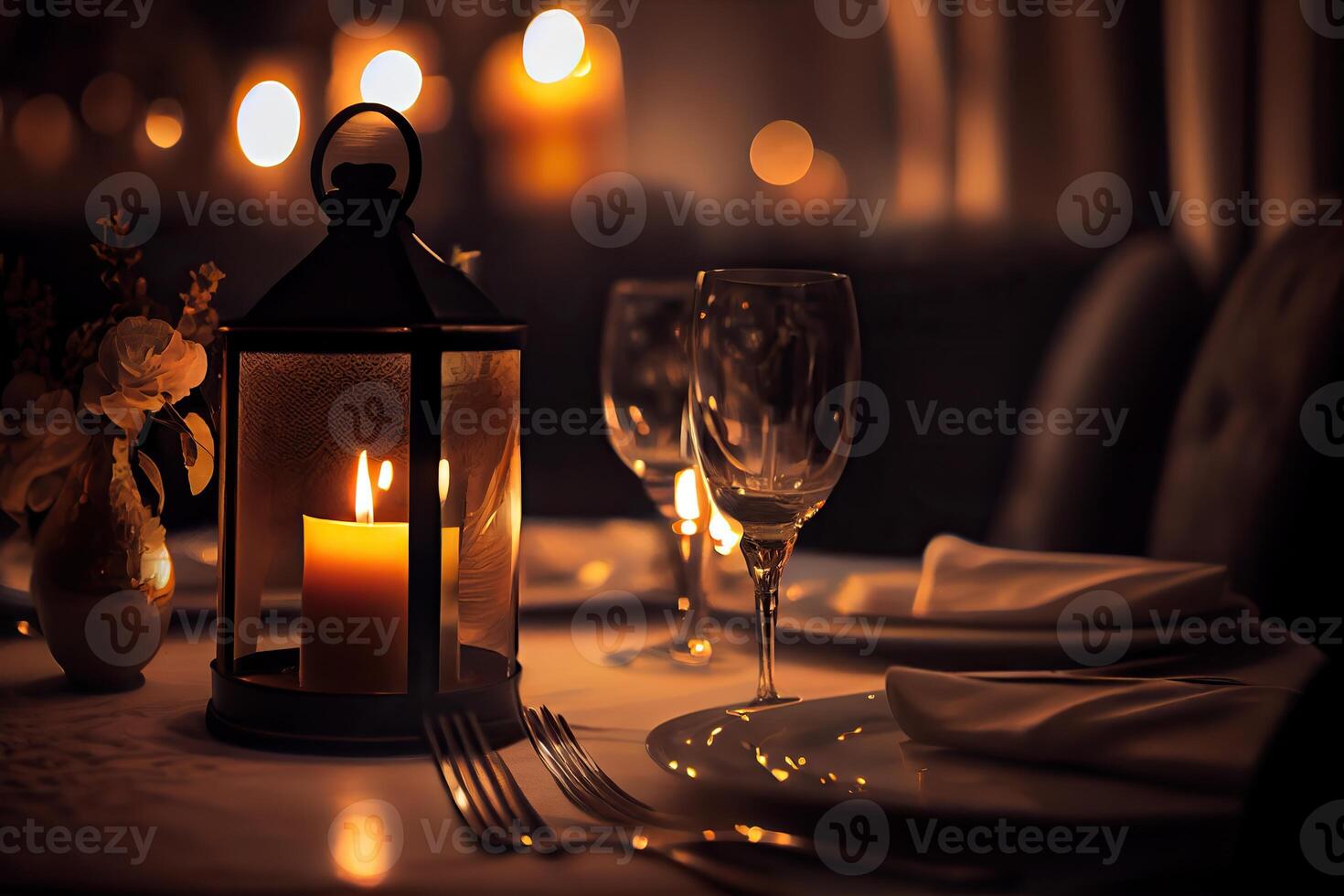 illustration of a restaurant table with a glass of white wine, soft golden light, expensive restaurant with beautiful lights in the background photo