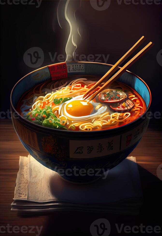 illustration of the most delicious japanese Ramen, soy sauce ramen in pork bone broth photo